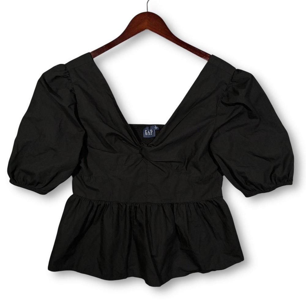 EUC GAP Twist Front Peplum Top Puff Sleeve‎ Blouse Women's L Black